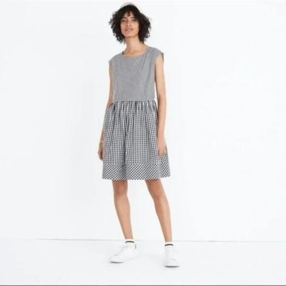 Madewell Gingham Shift Dress Black White Large Ruffle Sleeveless - Picture 2 of 9